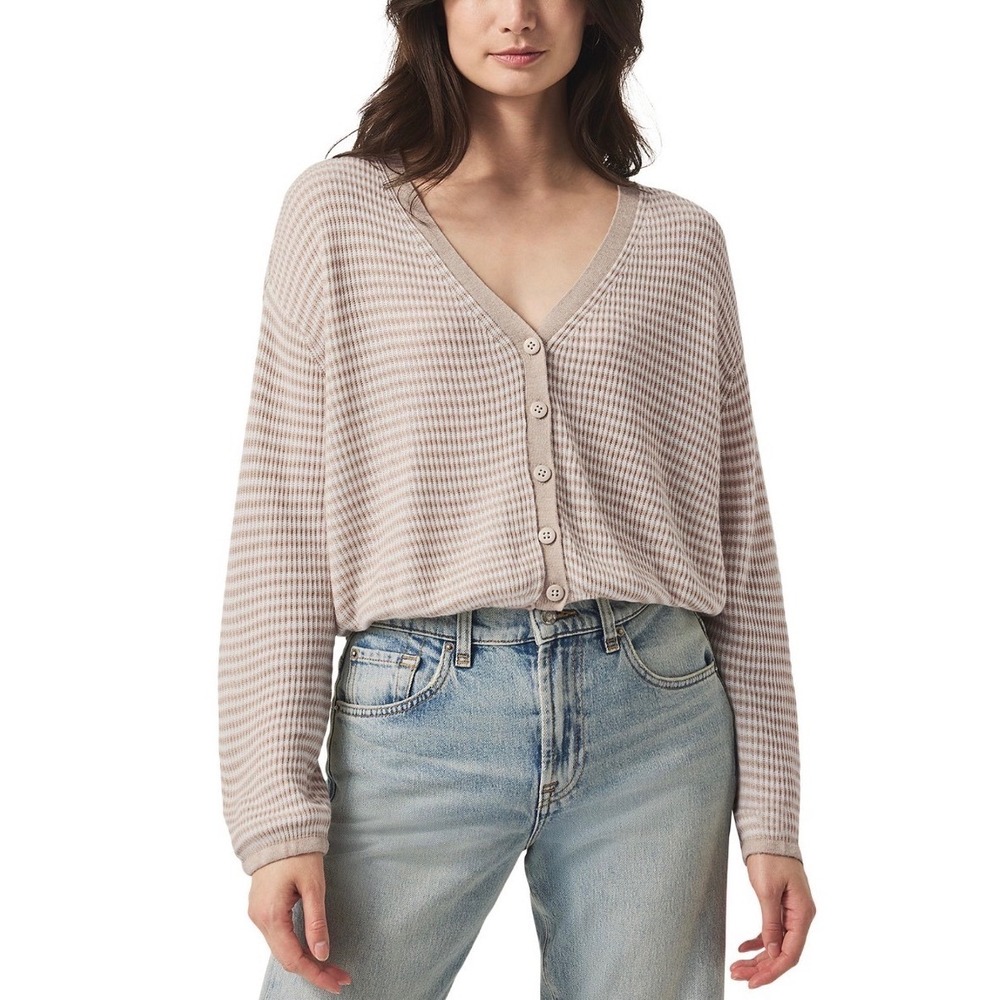 Splendid‎ Bri Striped Cardigan Tan White Cashmere Blend V-Neck RS3S411 Large